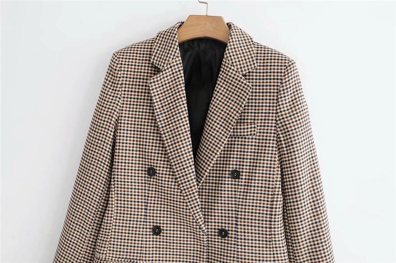 KPYTOMOA Women Fashion Office Wear Double Breasted Check Blazers Coat Vintage Long Sleeve Pockets Female Outerwear Chic Tops