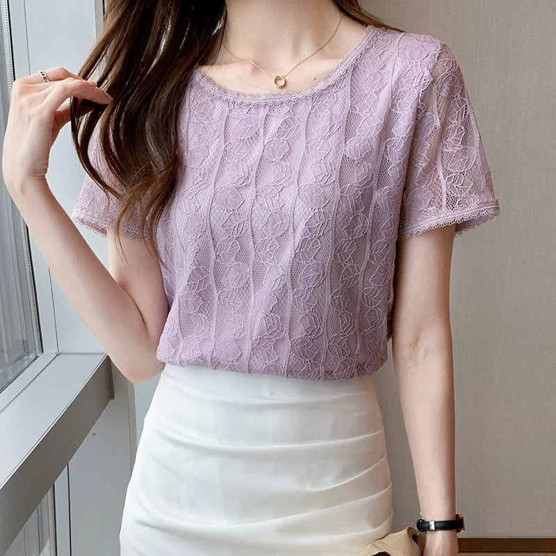 Summer Women Blouse Short Sleeve O-Neck Hollow Lace Blouse Shirt Blouse Women Blusas Mujer De Moda 2023 Blouses Top Femme E953