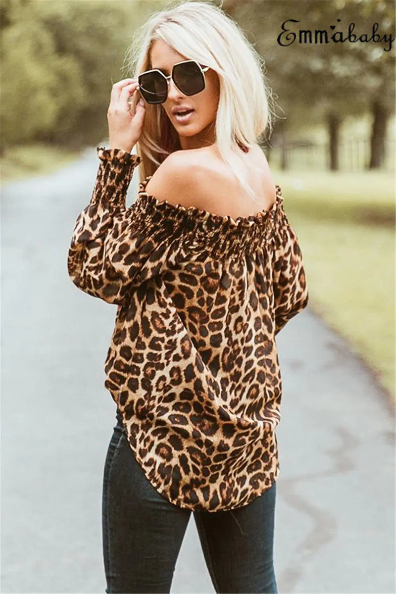 Sexy Leopard Fashion Women's Off Shoulder Tops Long Sleeve Shirt Print T-shirt Femininas Elegante Femme 2020 New arrival