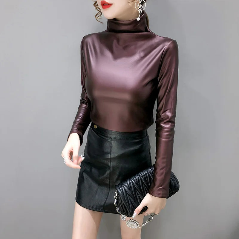 Winter Big Size Women Blouse Autumn Turtleneck Long Sleeve Pullover Shirt Tops Ladies Velvet Stretch Camisas PU Leather Blouses