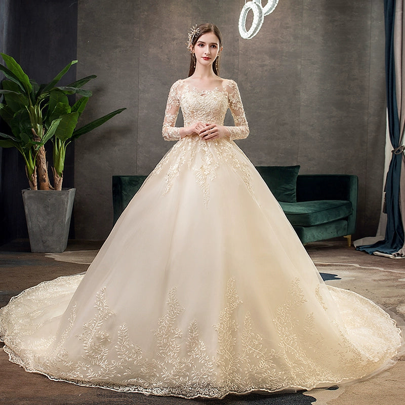 Long-Sleeved Champagne Trailing Luxury Wedding Dress