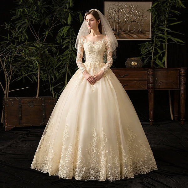 Long-Sleeved Champagne Trailing Luxury Wedding Dress