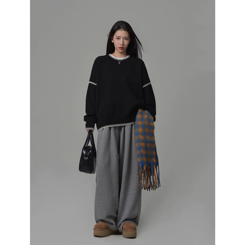 Sixi Sixi Spring Stitching Wire Trace Contrast Color round Neck Pullover Knitted Sweater Female Loose Design Blouse