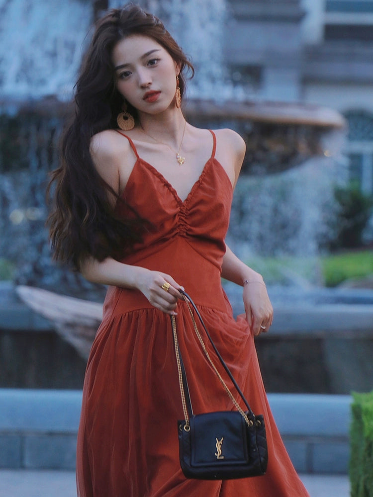 Azure Spun Yarn Elegant V-neck Red Holiday Dress