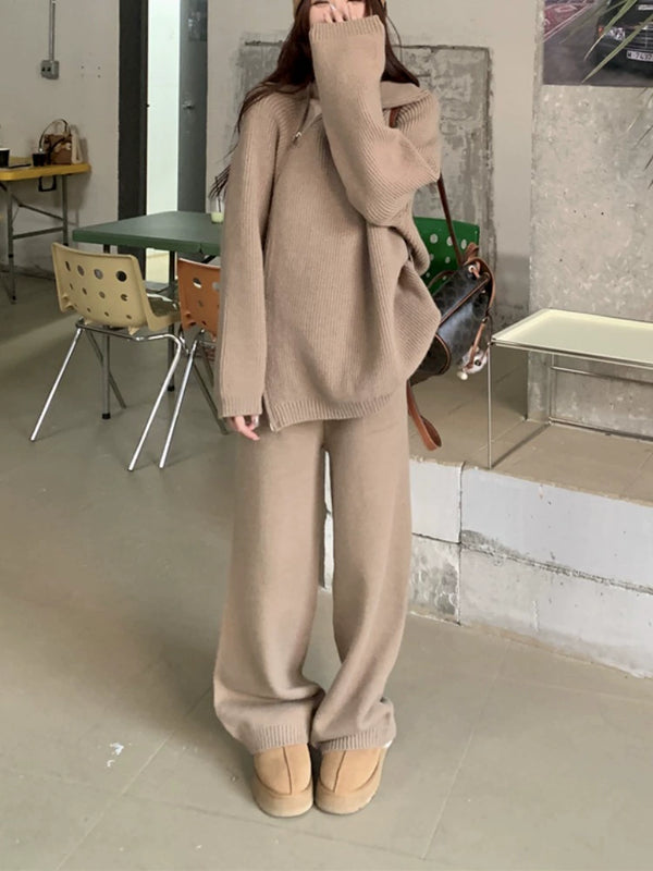 Suitable for Pregnant Women Suit Loose and Idle Side Zipper Turtleneck Knitting Sweater Loose Pants Two Piece Set for Pregnant Women