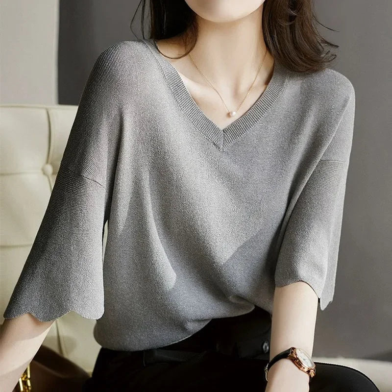 Women's Summer Knitting Shirt Petal Sleeve V-neck Top Loose Short Sleeve Ice Silk Sweater Thin Style Women's Fashion Shirt 14799