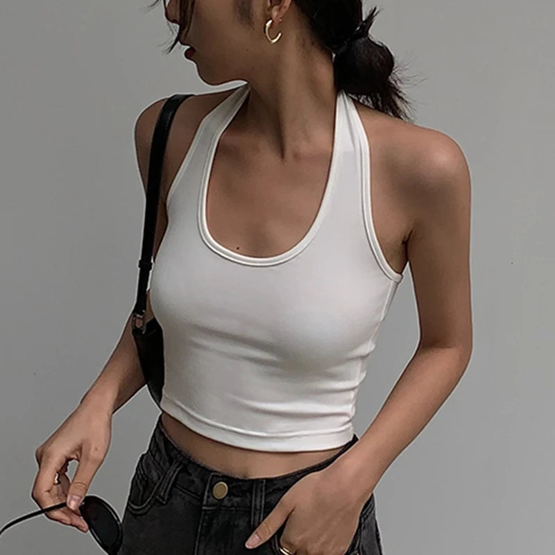 Cotton Sexy Backless Black White Tank Tops Halter Streetwear Vest Female Crop Top Summer 2023 Basic T-shirts Ladies Tube Camis