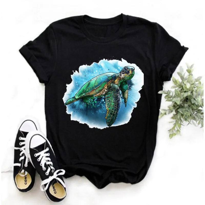 Sea Turtle Print T-shirt for Women Harajuku Cartoon Unisex Short Sleeve T-shirt 2023 Summer O-Neck Streetwear y2k Clothes Tops