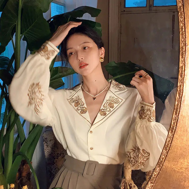 QWEEK Blouse Women Elegant Retro Vintage Shirt Embroidered Floral Top Long Sleeve Korean Office Ladies Luxury Designer Clothes