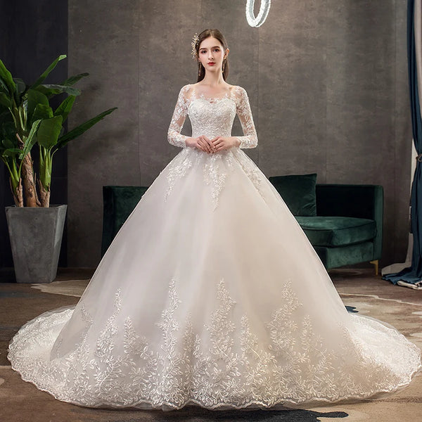 Fasthion Elegant Luxury Appliques Lace Pluse Size Wedding Dress Full Sleeves Long Train Bride Gown Vestidos De Noiva