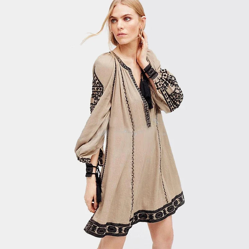 Khale Yose Long Sleeve Ethnic Dress Tassels Boho Hippie Chic Women Embroidery Dress Cotton Gypsy Vintage Dresses Womens Tunic