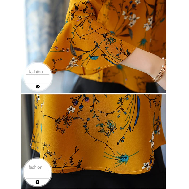 Chiffon Shirt Female Summer 2023 New Bow V Collar White Printing Transparent Women Tops Flare Sleeve Women Blouse Shirt 807A