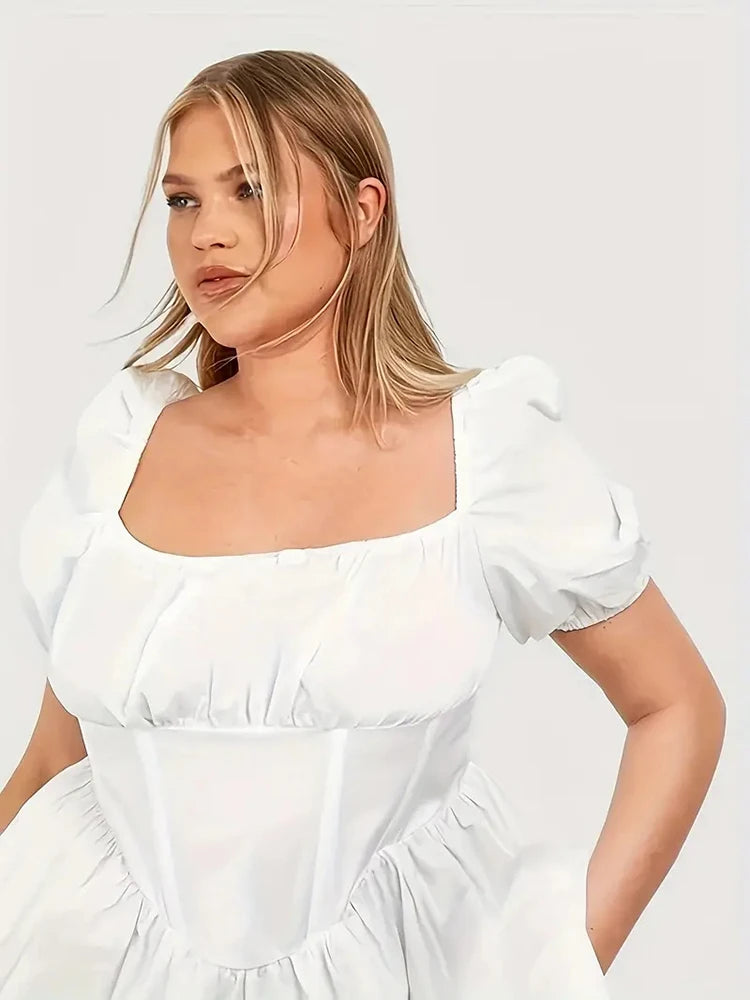 Mugen Solid Color Blouse Casual Short Sleeves Plus Size Shirt Square Neck Ruched Blouse For Summer Women's Clothing White Blouse