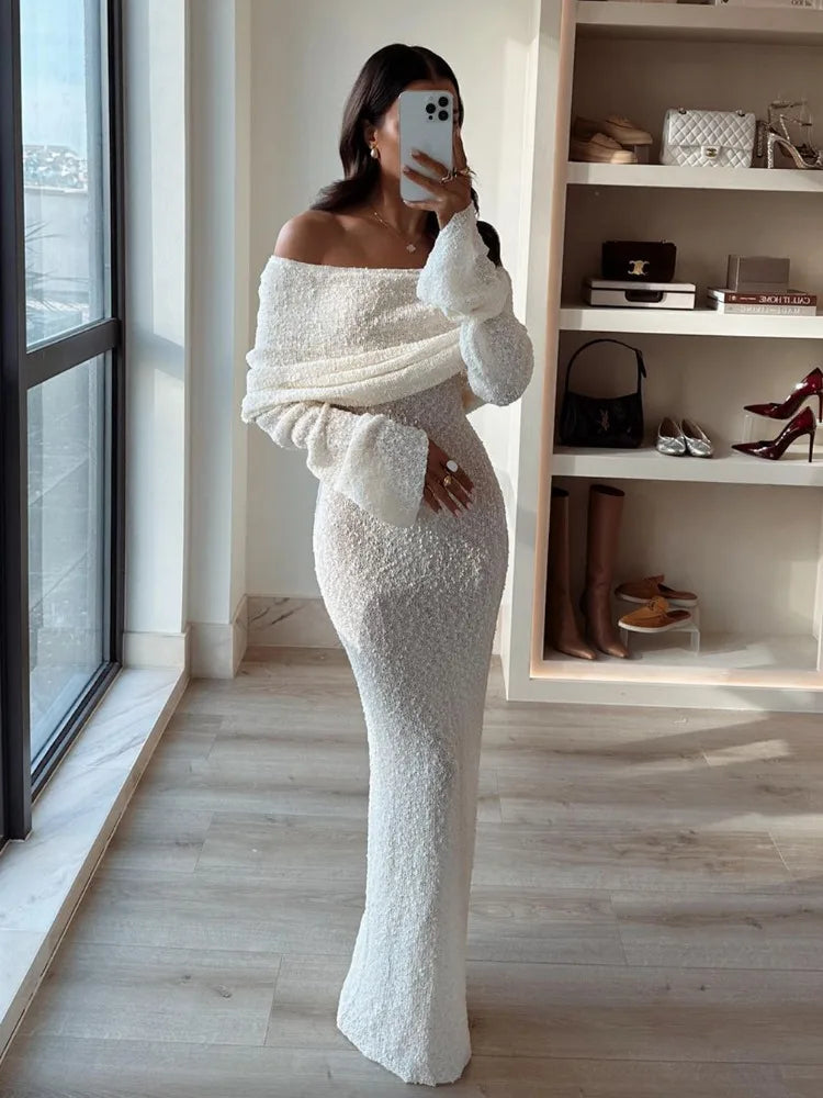 Tossy Knit Hollow Out Off-Shoulder Maxi Dress Female Cover up See-Through Sleeve Holiday Beach Party Dress Women Knitwear Dress