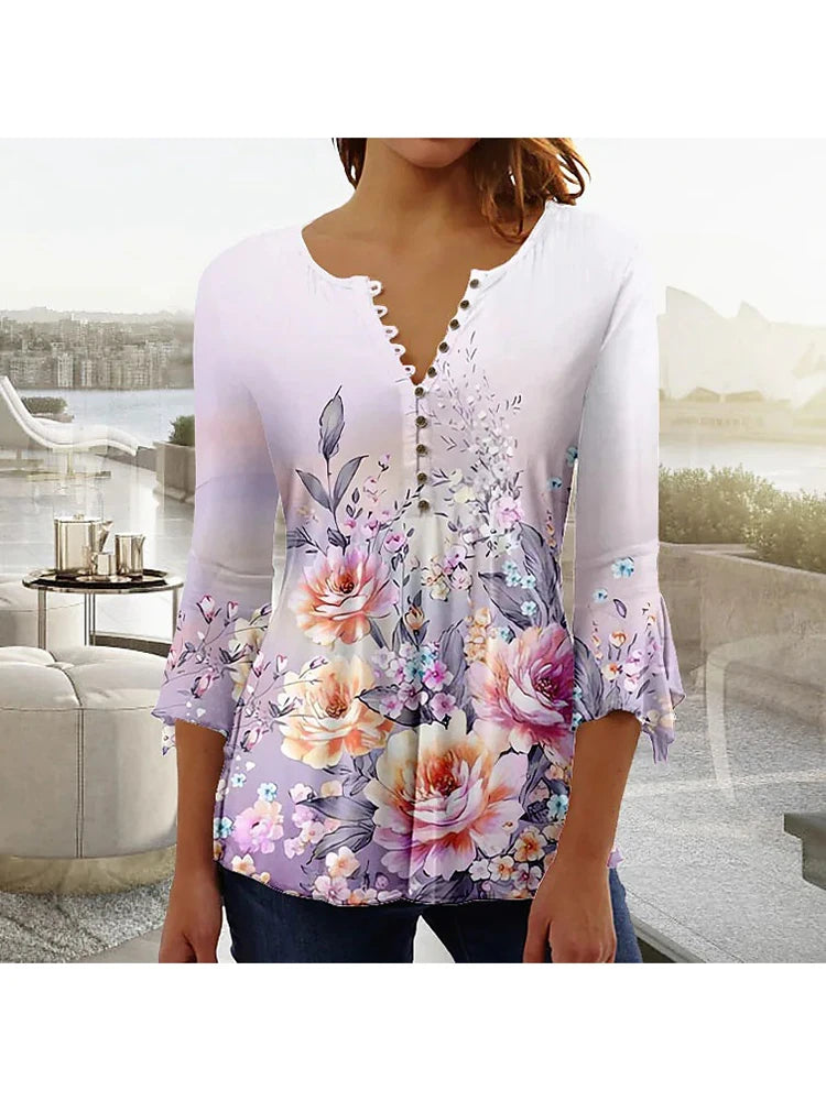 Summer High Quality V-Neck Button T-Shirt Elegant Women's Top Loose Printed Clothing Street Fashion Casual V-Neck T-Shirt