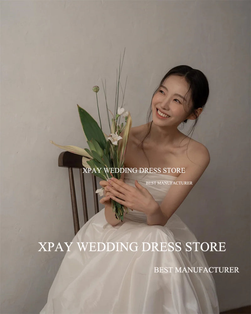 XPAY Elegant Strapless A Line Korea Wedding Dresses Pleats Taffeta Bridal Dress Backless Wedding Photos Shoot Custom Bride Gown