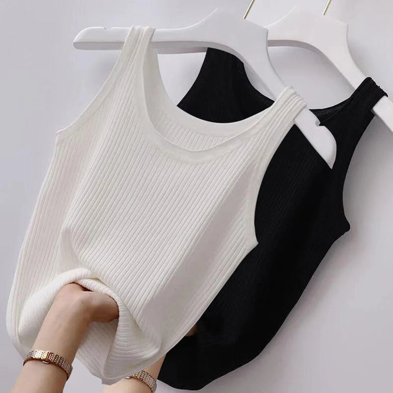 Summer Knit Vest Top Sleeveless O Neck Women Camisole Pure Color Black White T-shirt Slim Tank Top Casual Plain Tees Tank Top