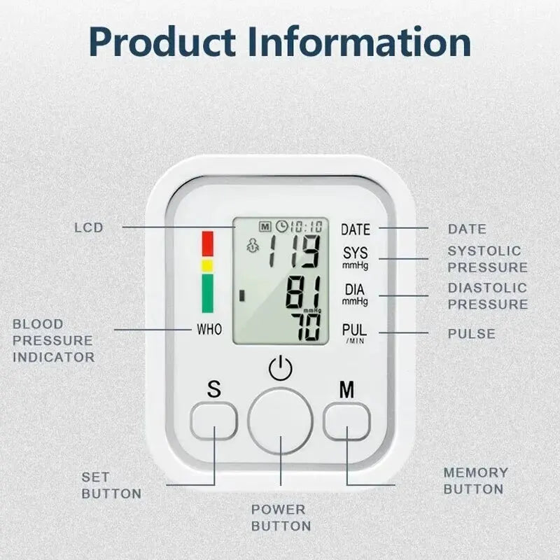 Medical Digital Arm BP Blood Pressure Monitor Automatic Tensiometer Tonometer Sphygmomanometer Heart Rate Pulse Meter Oximeter