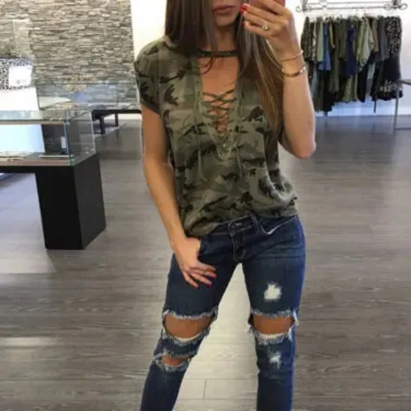 Summer Women Short Sleeve Camouflage Loose Casual Ladies T Shirt Tops Summer Bandage Hollow Out T-Shirt Tops Gray Army Green