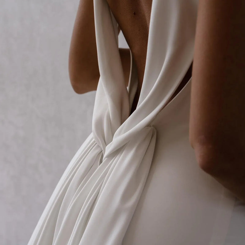 DREAM Deep V Neck Crepe Detachable Train Mermaid Wedding Dress 2024 Plain Sleeveless Open Back Simple Bridal Gowns Elegant