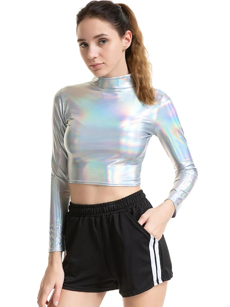 CHSDCSI PU Short Top Women Shiny Leather Top High Street Turtleneck Dance Clubwear Long Sleeve Tops Gold Silver Costumes T shirt