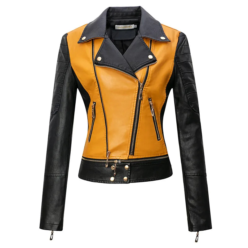 Motorcycle Leather Jacket with Zipper for Women, Moto Biker Coat, Blue, Black, Khaki Clothes, Autumn, 2024