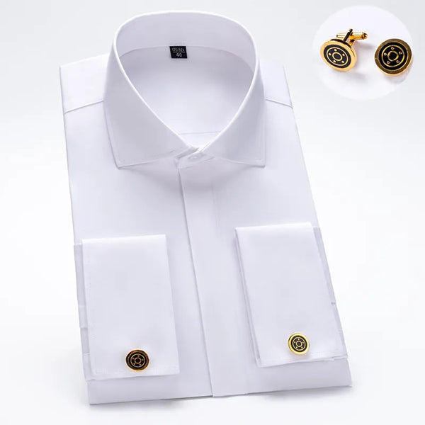 Windsor Collar French Cuff Dress Shirt Fashion Men's Long Sleeve Luxury Business Formal Shirts Covered Button Cufflink Shirt