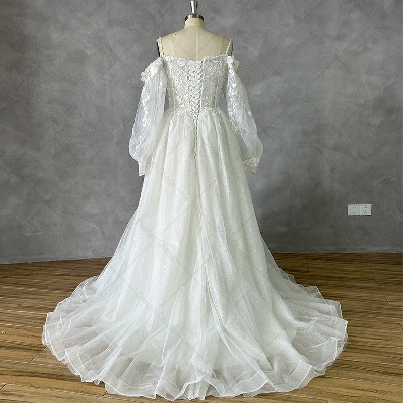 DREAM Off Shoulder Lace Glitter Tulle Wedding Dresses Long Puff Sleeve 3D Flowers Boho Bride Gown 2024 Vestidos De Novia