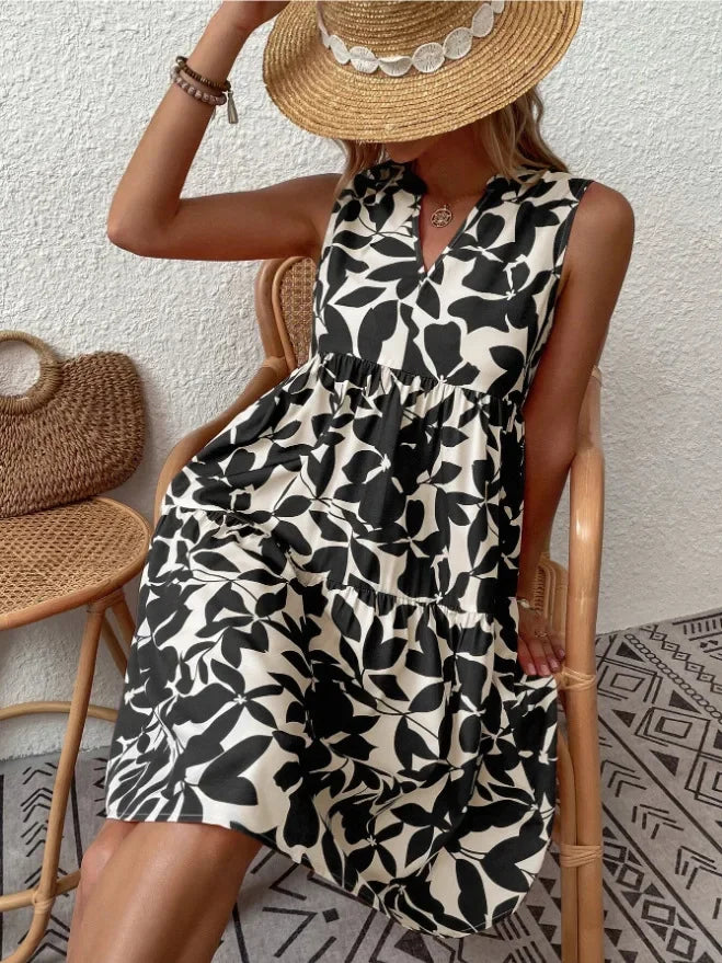 Women Boho Print Mini Dress Summer Elegant Sleeveless V Neck Ruffle A Line Tank Dress Casual Loose Oversize Beach Party Sundress