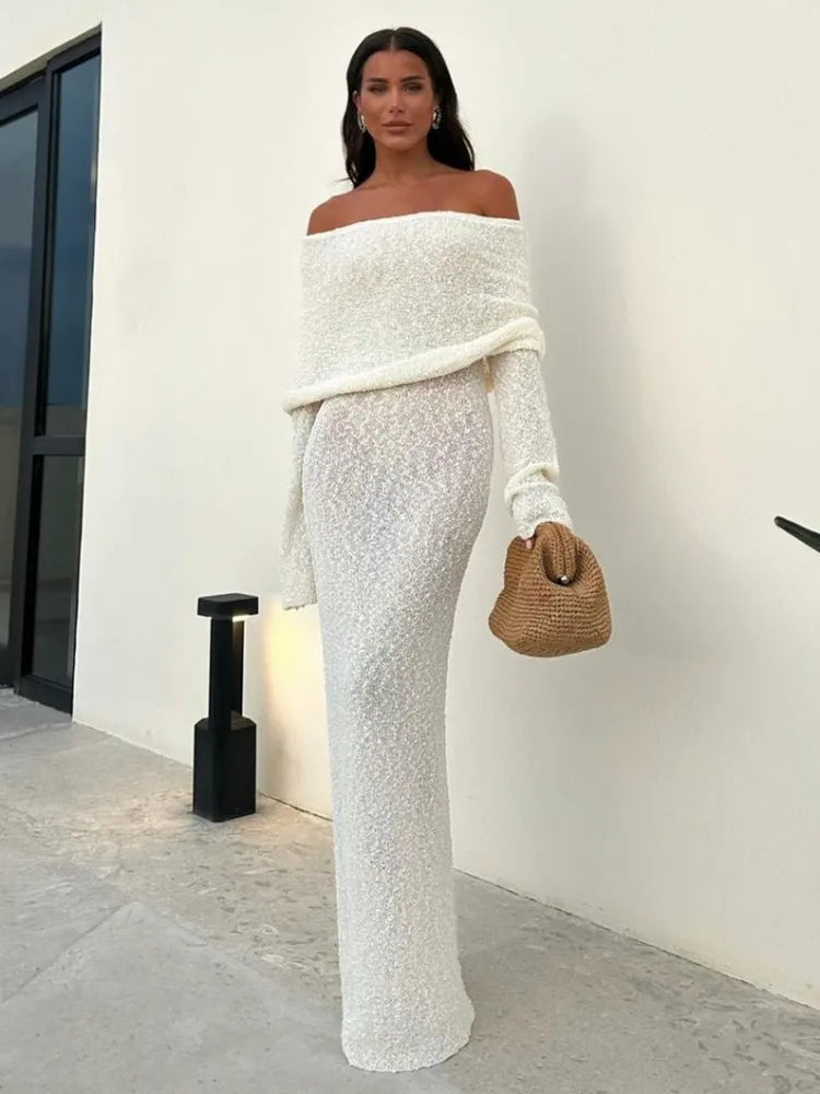 Tossy Knit Hollow Out Off-Shoulder Maxi Dress Female Cover up See-Through Sleeve Holiday Beach Party Dress Women Knitwear Dress