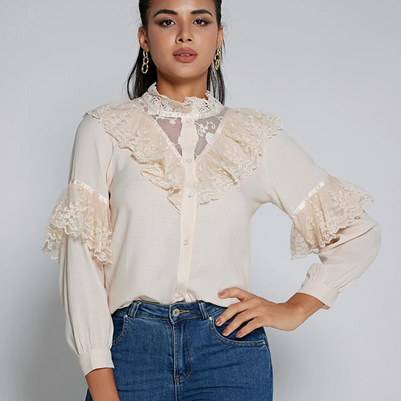 Elegant Ruffled Lace Blouse Women Stand Collar Embroidery White Shirt Woman Long Sleeve Vintage Blouses Lady Tops Blusas 11335