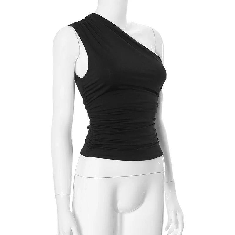 CUTENOVA Solid Color One Shoulder Backless Shrink Tank Top T-Shirt Candy Color Tight Sexy Sleeveless Neckless Slim Casaul Top
