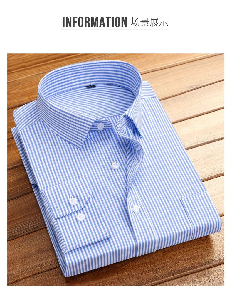 Cotton Men's Classic Long Sleeve Striped Basic Dress Shirts Single Patch Pocket Formal Business Standard-fit Office Social Shirt