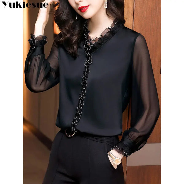 BLUSAS 2022 Spring New Office Lady Long Sleeve Pullovers Lace Ruffles Chiffon Shirts Women's Clothing Vintage Elegant Blouse 4XL