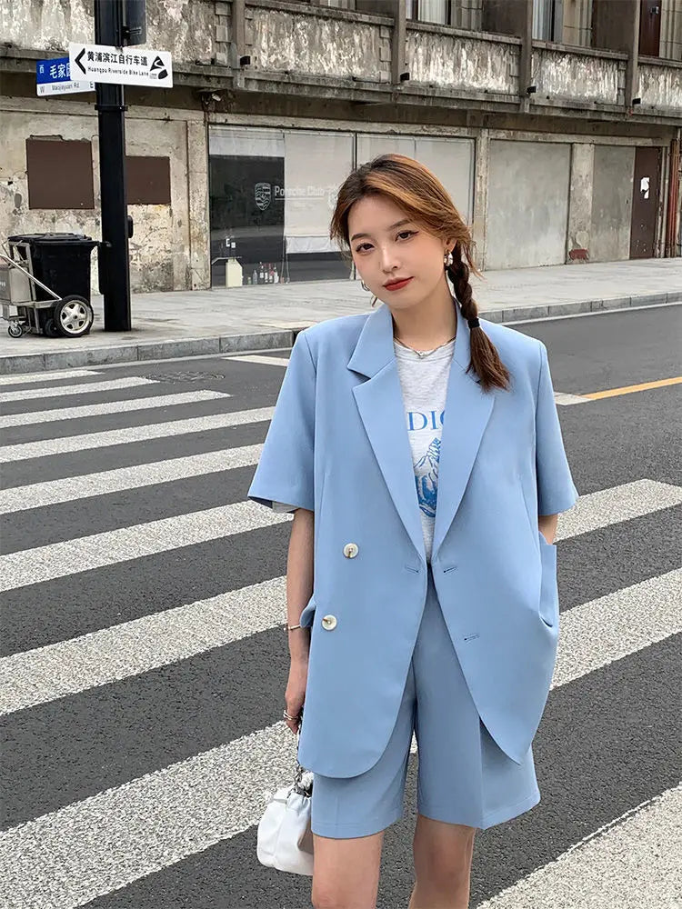 Clothing White 2024 Sleeve Summer Korean Style Blazer and Shorts Suit for Woman Kit Women's Short Pants Sets Complete Two Pieces