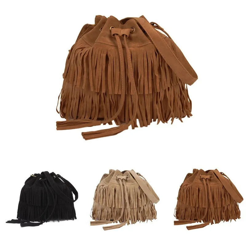 Fashion Retro Faux Suede Fringe Women Messenger Bags Tote New Tassel Shoulder Handbag Shoulder Crossbody Bag Tassel Bucket Bolsa