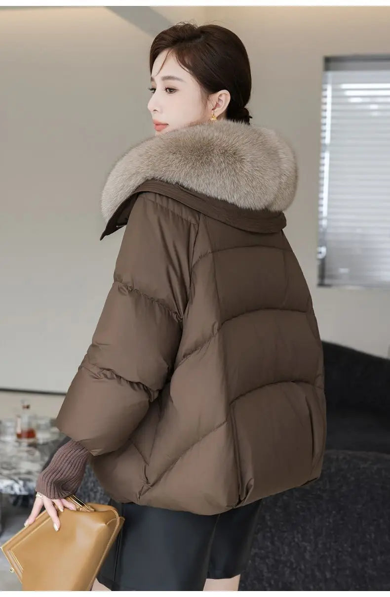 Winter New Fur Collar Puffer Down Parka Loose Down Warmer Thicken Snow Jacket Pocket Zipper Faux Fur Outerwear Female