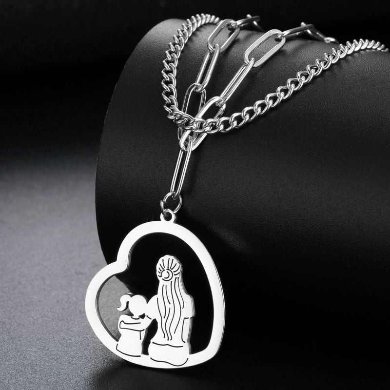 LIKGREAT Beautiful Girl Mom Necklace Love Heart Pendant Stainless Steel Mother Daughter Jewelry Choker Gift for Women Mum Family