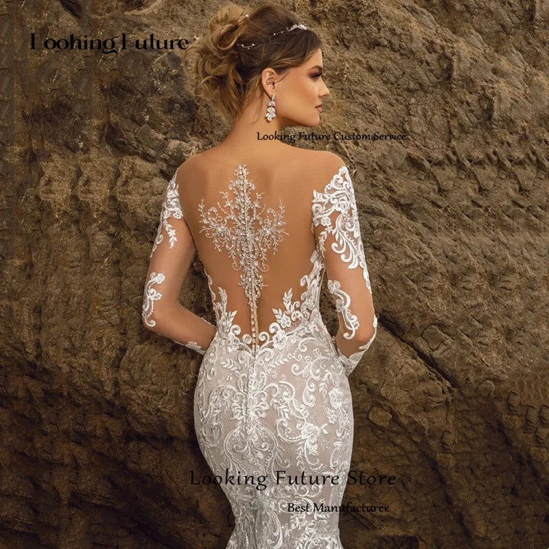 Exquisite Mermaid Long Sleeve Wedding Dress Lace Appliques Bridal Gowns For Women Sexy Deep V-Neck Backless Vestido de novia2024