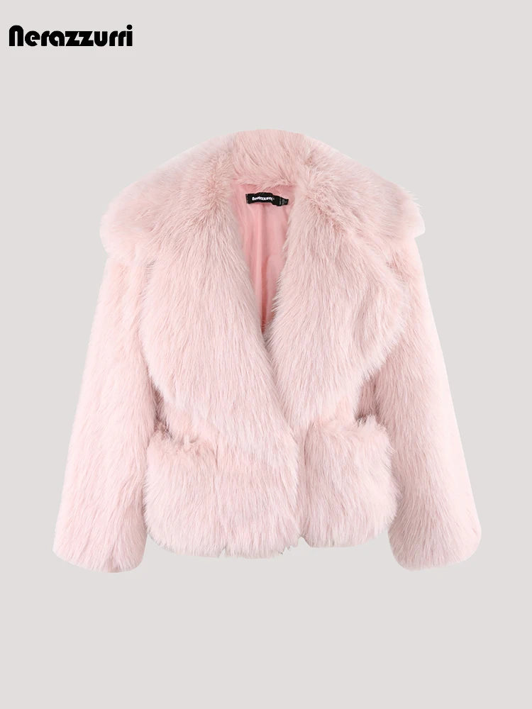 Nerazzurri Winter Short Loose Casual Hairy Soft Thick Warm Pink Faux Fur Coat Women with Big Collar and Pockets Fluffy Jacket