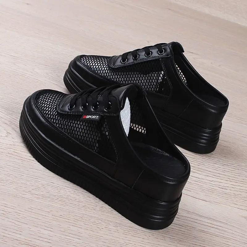 Women's Summer Shoes Platform Sports Mesh White Student Outdoor Casual Breathable Slippers Woman Mules Fashion Wedge Heels Black