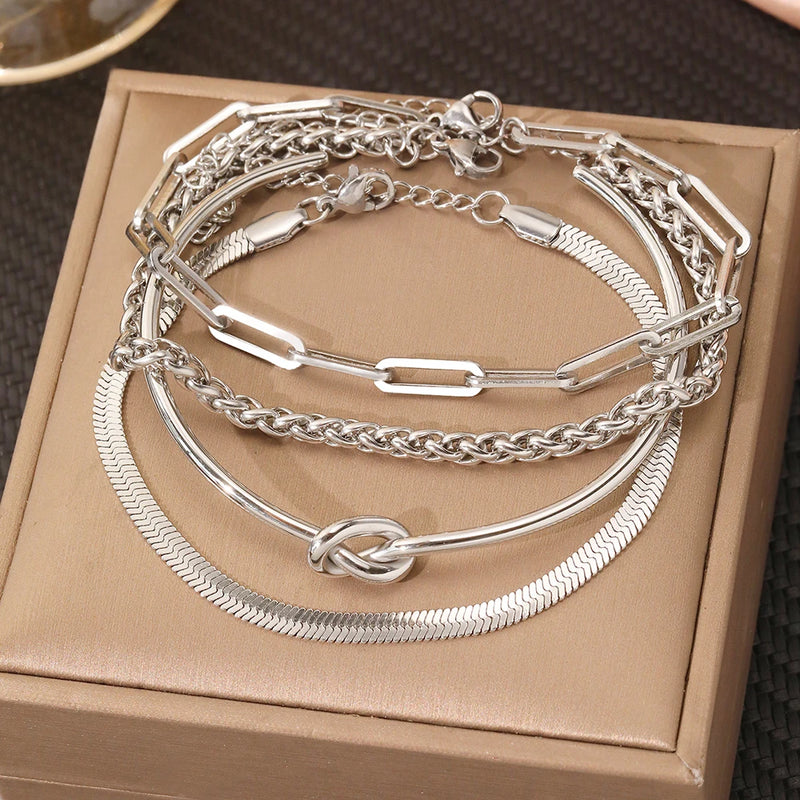 Stainless Steel Bracelets 4 pieces Multi-layer Mixed Chain hip-hop Exaggerated Bracelet For Women Jewelry Party Wear New Popular