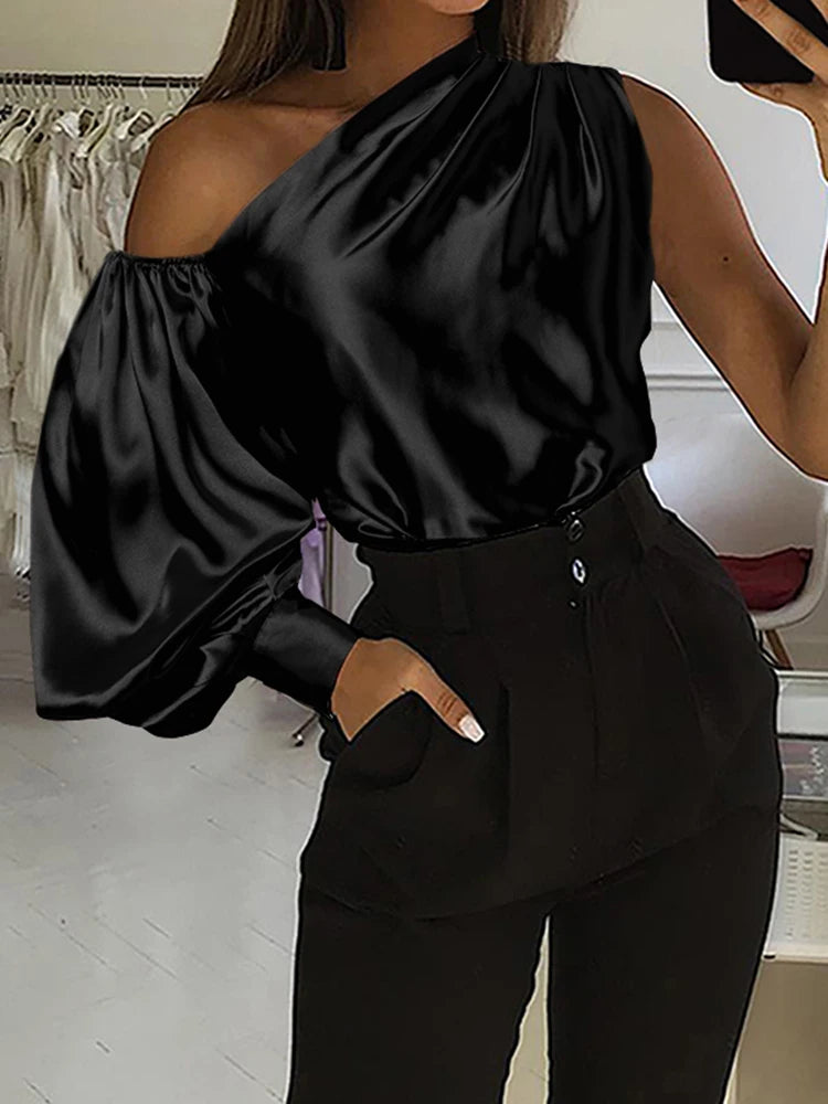 Celmia Chic One Shoulder Blouse Elegant Women Blusas 2023 Fashion Lantern Sleeve Tops Casual Asymmetrical Streetwear Shirts