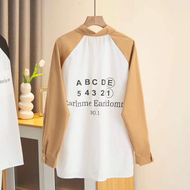2023 Autumn Clothes Women Shirt Plus Size Loose Letter Prints Contrast Colors Casual Raglan Sleeve Blouse Curve