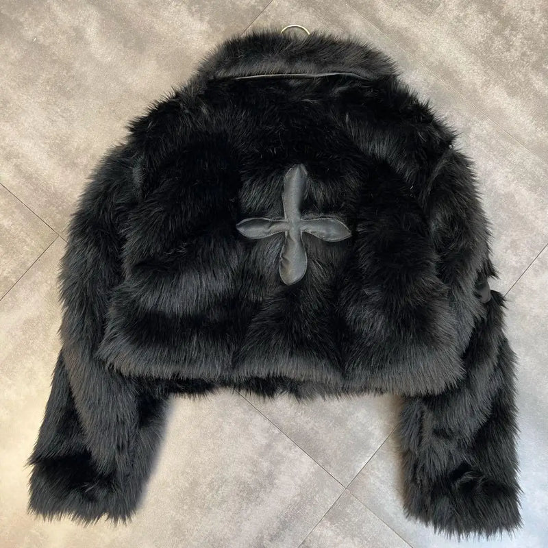 2024 Winter Women Jacket Lapel Long Sleeve Patch PU Cross Fur Cotton Coat