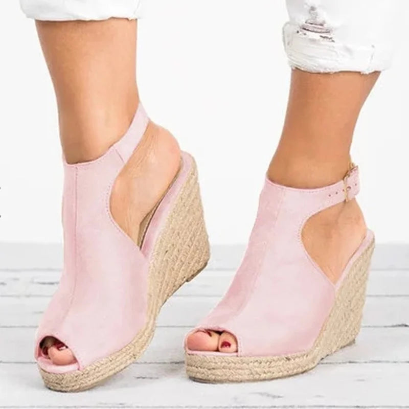 Women's Fashion Summer Wedges Heel Platform Casual Shoes Women Buckle Strap Roman Female PU Peep Toe High-heeled Shoes
