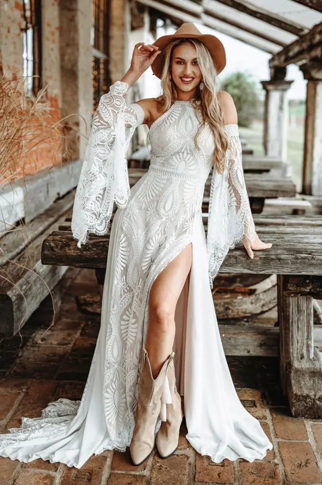 Hippie Crochet Lace Wedding Dress 2023 With Slit Sexy Backless Chic Civil Bohemian Wedding Dresses With Sleeves Romantic Bride