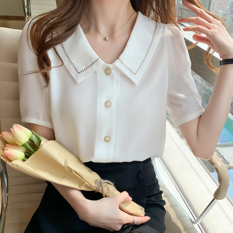 Blusas Blouses Femme Tops Women Turn Down Collar Blouse Women 2023 Summer White Blouse Short Sleeve Chiffon Blouse Shirt E778