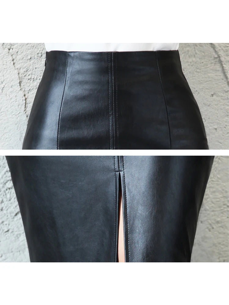 2024 Women PU Leather Midi Skirt Autumn Winter Ladies Package Hip Front or Back Slit Pencil Skirt