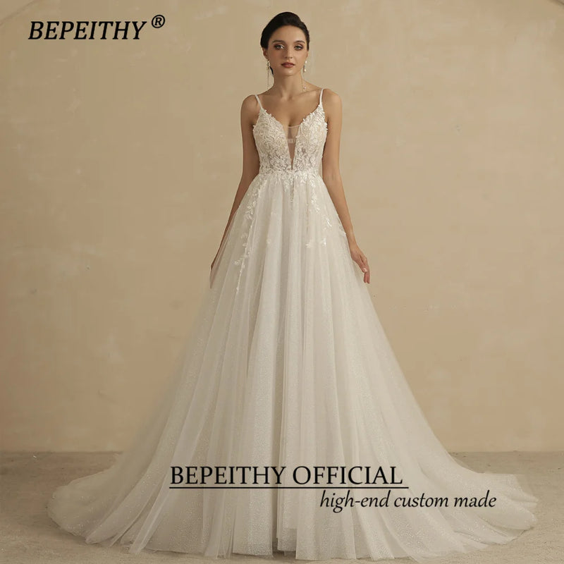 BEPEITHY Deep V Neck Spaghetti Straps A Line Lace Wedding Dresses For Women 2022 Glittler Sleeveless Boho Bridal Party Gown